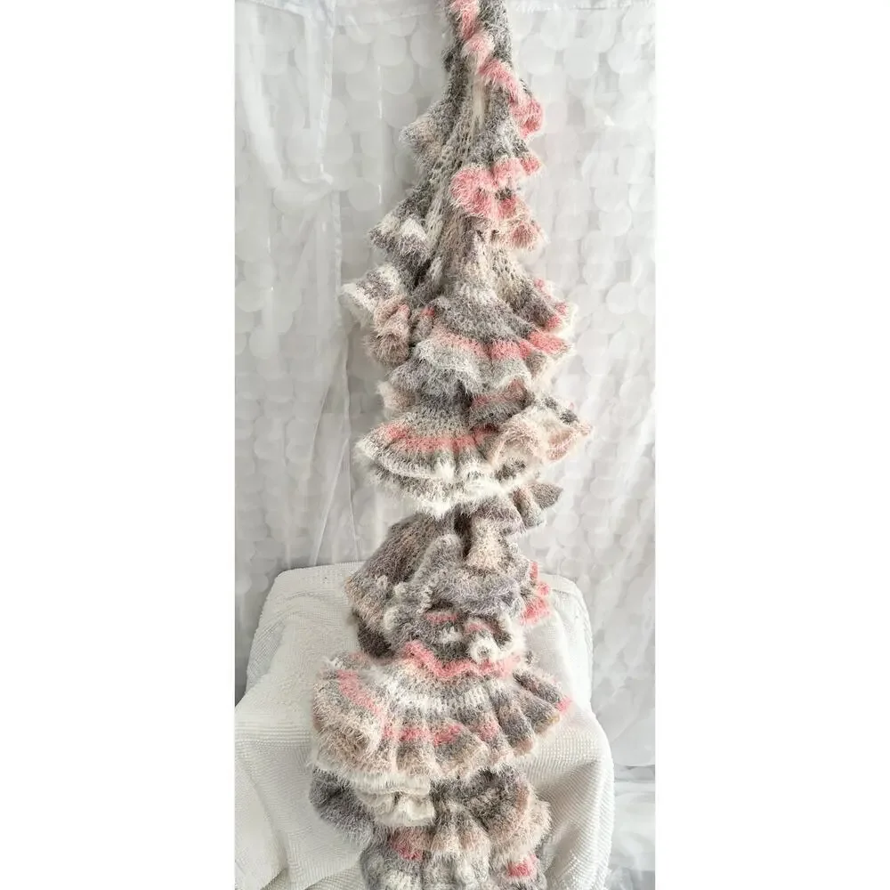 Hand Made LONG Curly Crochet CORKSCREW Throw Blanket FUZZY Grey Beige Pink